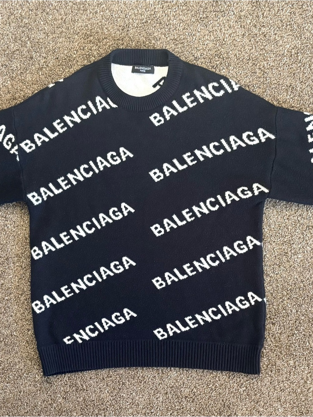 Balenciaga Black Crewneck Sweater with White All-Over Logo